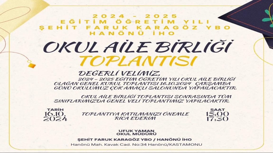 Okulumuz Okul Aile Birliği Toplantısı Yapılacaktır